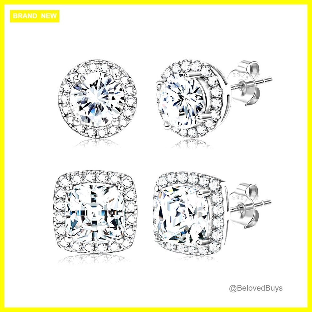 18K Gold Plated Halo Stud Earrings Set, 925 Sterling Silver, Cubic Zirconia